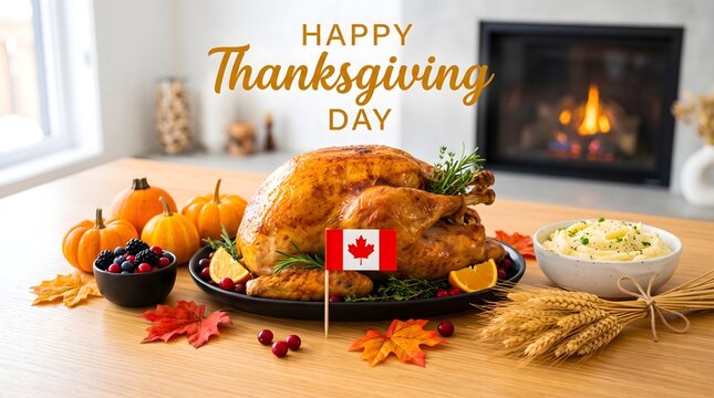 Happy Thanksgiving Day Canada dinner table with roasted turkey, Canadian flag, pumpkins, mashed potatoes and wheat by cozy fireplace