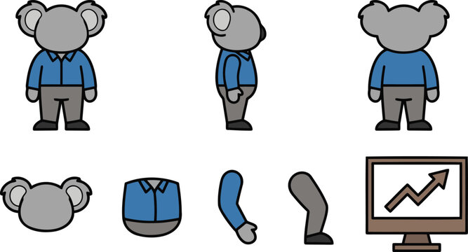Koala Character Rigging Set with Model Sheet and Sprite Sheet Vector Illustration