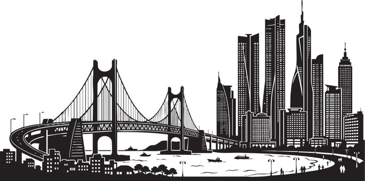 Adobe Illustrator Artwork of Busan South Korea Skyline Silhouette with Coastal Suspension Bridge and Waterfront Skyscrapers