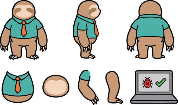 Sloth Character Rigging Set with Front, Side, and Back Views Vector Illustration