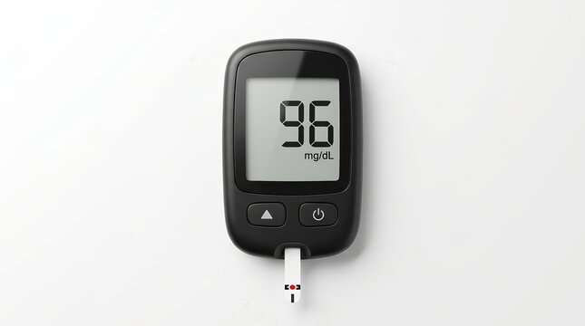 Blood sugar level measurement shown on a digital glucose meter with a test strip, 96 mg/dL.