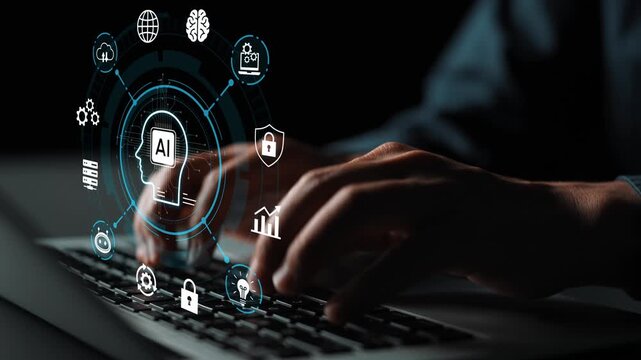 Hands of a user interacting with AI and technology icons on a laptop keyboard in a dark environment symbolizing digital innovation and future tech advancement. Entropy.