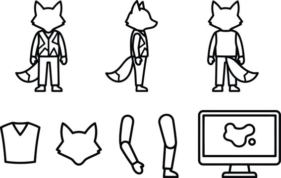 Fox Character Rigging Vector Illustration Set with Model Sheet and Rigging Parts