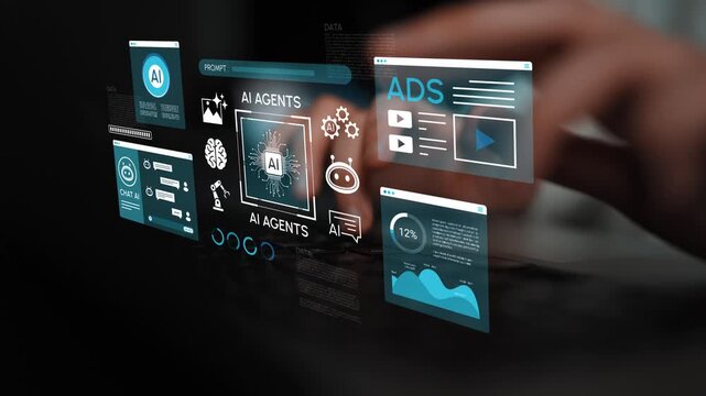 Futuristic Digital Interface Showcasing AI Agents and Data Analytics in a Modern Workspace Environment. Entropy.