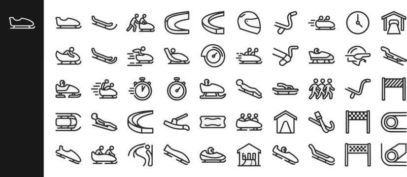 Bobsleigh and winter sport equipment icons on transparent background Editable Stroke.