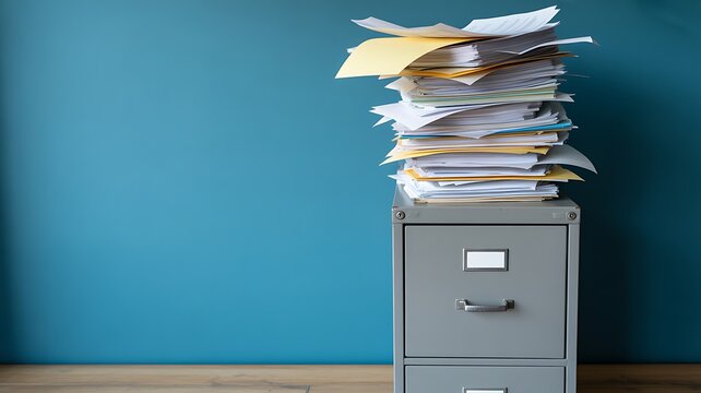 Office filing cabinet overloaded with stacks of paperwork and documents