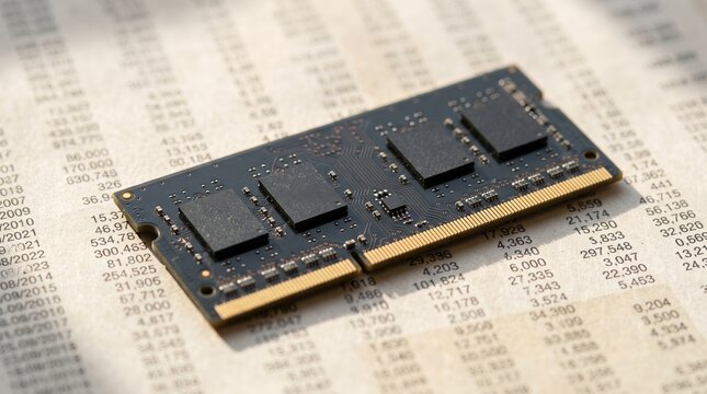 Memory module sits flat on a detailed economic spreadsheet.