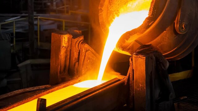 Molten Metal Pouring Through Industrial Foundry Furnace, Orange Steel Casting Into Mold With Sparks, Radiant Heat, Glowing Liquid Metal and Heavy