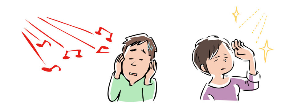 聴覚、視覚、感覚過敏で苦痛を感じている人の上半身のベクターイラスト