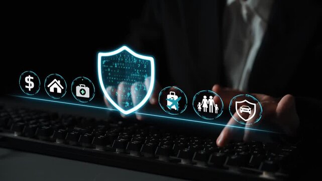 Digital Security Concept with Shield Icon Over Keyboard and Icons Representing Protection of Finance, Home, Health, and Family in a Dark Environment. Entropy.