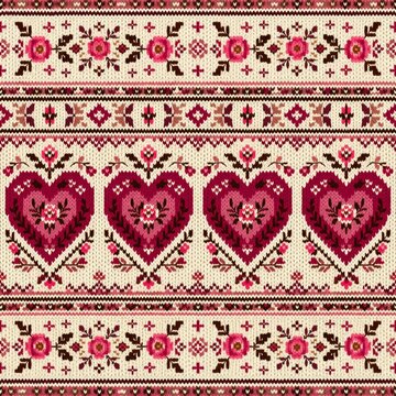 Scandinavian folk knit pattern with romantic floral hearts and traditional rose motifs in pink and brown. Seamless cozy textile background for Valentine's Day or winter crafts.
