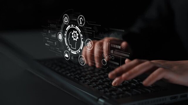 Hands typing on a laptop keyboard with futuristic digital interface displaying technology concepts and icons related to artificial intelligence and data analysis. Entropy.