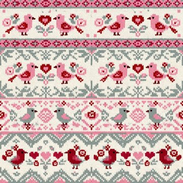 Scandinavian folk art jacquard knit pattern featuring charming pink and red birds, hearts, and flowers in a seamless horizontal stripe design for Valentine's Day textile prints.