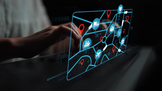 Futuristic Digital Map Interface Displaying Transportation Icons and Location Markers for Logistics and Delivery Services Interaction. Entropy.