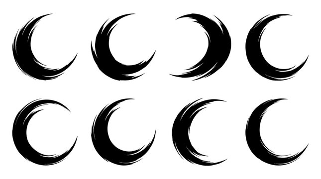 Set of Eight Hand-Painted Black Ink Brush Stroke Crescent Shapes