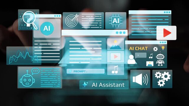 Conceptual representation of artificial intelligence with digital screens showcasing AI features such as chat, prompts, icons, and data analysis in a modern design. Entropy.