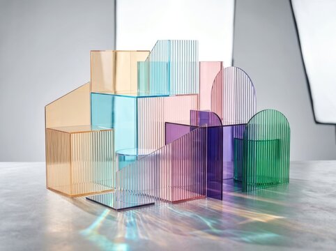 Abstract Colorful Acrylic Geometric Sculptures with Light Refractions.