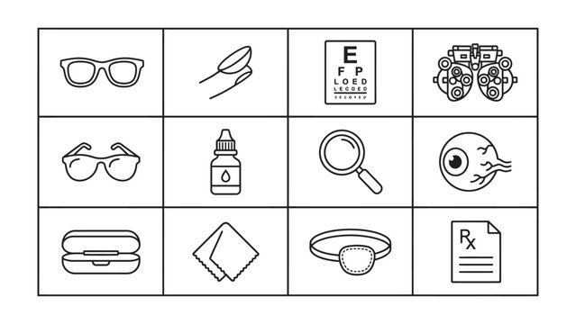 Vision Care Collection: A comprehensive grid of line art icons representing various aspects of eye care, including eyeglasses, contact lenses, eye charts, and ophthalmology tools.