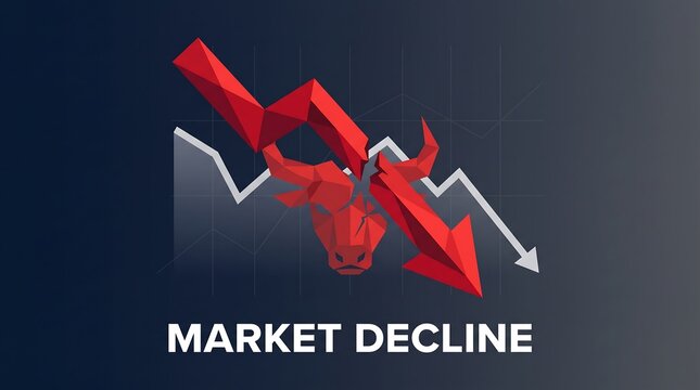 Red downward arrow piercing financial stock chart illustrating market decline in business presentation