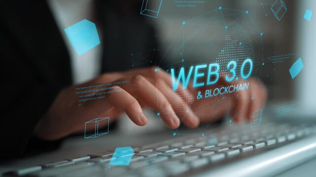 Hands Typing on Keyboard with Web 3.0 and Blockchain Concept Floating Graphics and Digital Elements in a Modern Office Environment. Entropy.