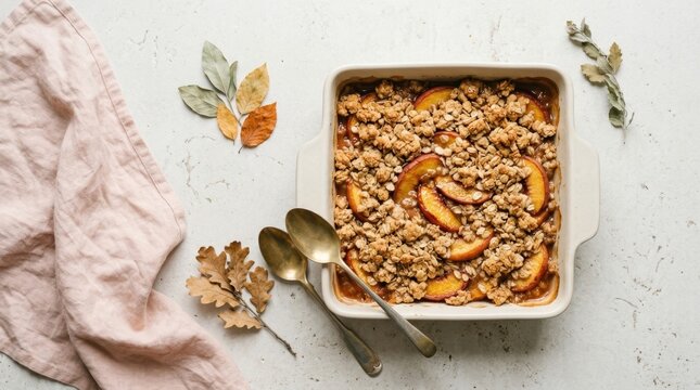 Freshly baked peach crumble in a ceramic baking dish with autumn leaves and vintage spoons