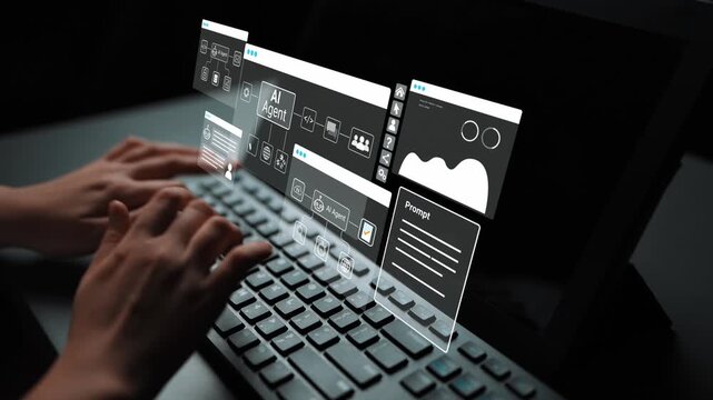 Hands typing on a keyboard with futuristic virtual screens and holographic displays in a dark environment showcasing digital technology and connectivity. Entropy.