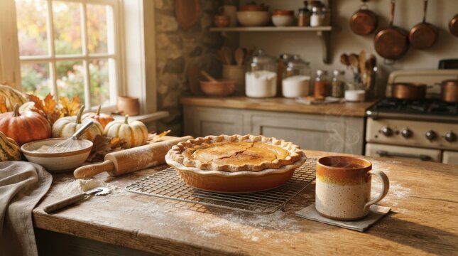 Freshly baked pumpkin pie cooling on a wire rack in a rustic farmhouse kitchen during autumn
