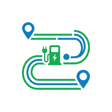 Electric vehicle charging station route map with location pins for sustainable travel planning