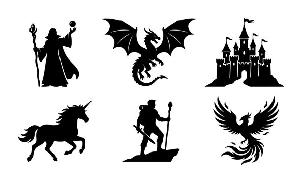 Fantasy Icons Set: Dragon, Unicorn, Wizard, Castle, Phoenix, Adventurer Silhouettes