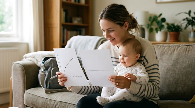 Young mother holding her baby while reviewing business documents
