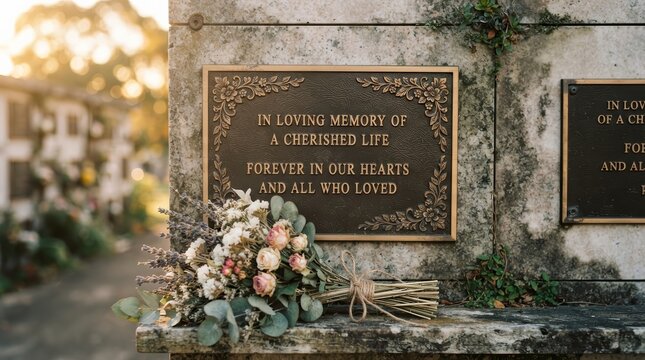 A heartfelt memorial plaque with an inscription and dried flower bouquet in a cemetery.