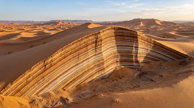 Massive sand dune features vibrant colorful geological rock layers under soft golden morning sunlight desert illumination