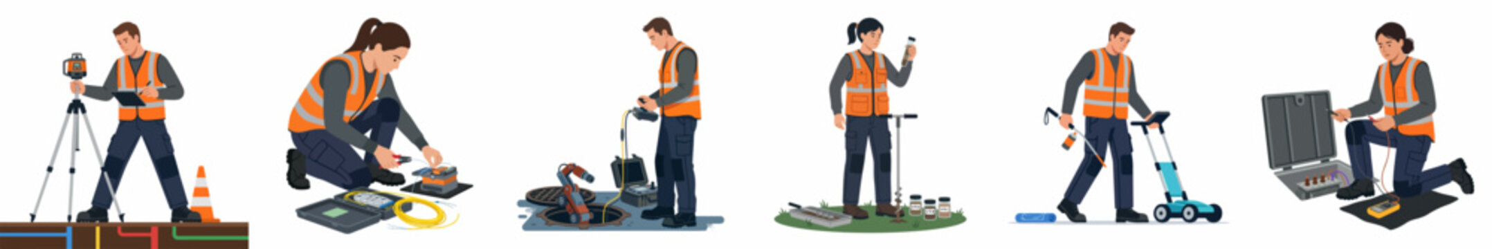 Set of professional illustrations showing engineers and surveyors using specialized technical equipment for underground utility detection and site investigation in orange safety vests.