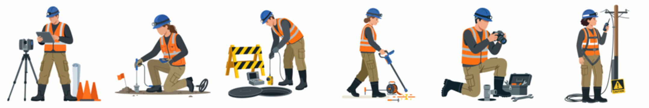 Collection of diverse utility workers and construction engineers in safety gear performing specialized maintenance, surveying, and inspection tasks isolated on white background.