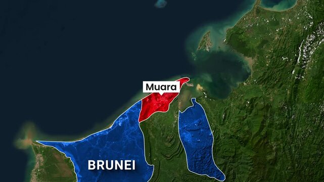 Satellite video footage showing Brunei and Muara highlighted regions