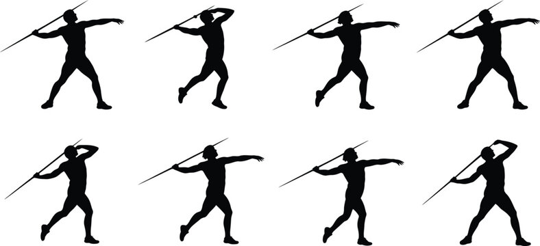 Set of eight black silhouettes of athletes throwing a javelin, showing different stages of the throwing motion, isolated on a white background