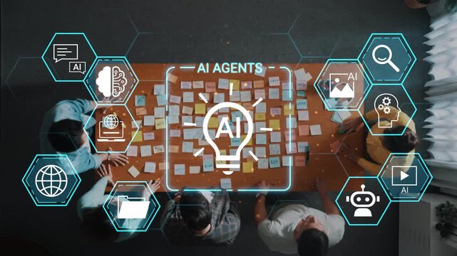Collaborative brainstorming session on artificial intelligence concepts with sticky notes and digital icons representing AI agents and technology symbols Gluon.