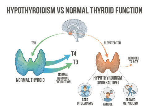 Hypothyroidism vs Normal Thyroid Function Medical Infographic Showing Elevated TSH Reduced T3 T4 and Symptoms Isolated on White
