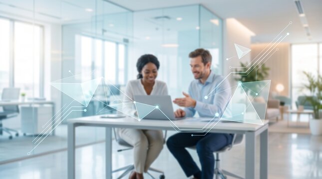 Diverse business team collaborating around laptop in modern conference room with abstract digital network overlays