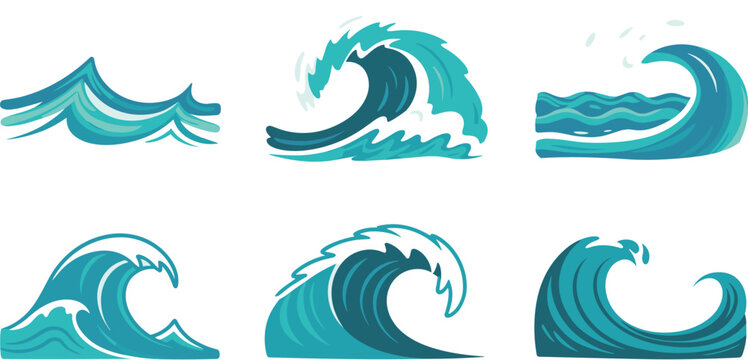 Blue Ocean Wave Vector Set featuring Powerful Sea Surfing Curled Billows and Splash Elements for Summer Beach and Water Sports Designs