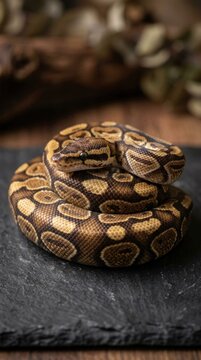 Ball Python Snake Coiled on Dark Slate Stone Surface.