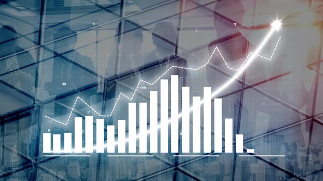 A dynamic business setting showcases financial growth through statistical data visualization, highlighting teamwork and innovation in a modern office environment. Copula