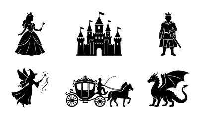 Obraz premium Fairytale Icons: Princess, Castle, King, Fairy, Carriage, Dragon Silhouettes for Fantasy Designs