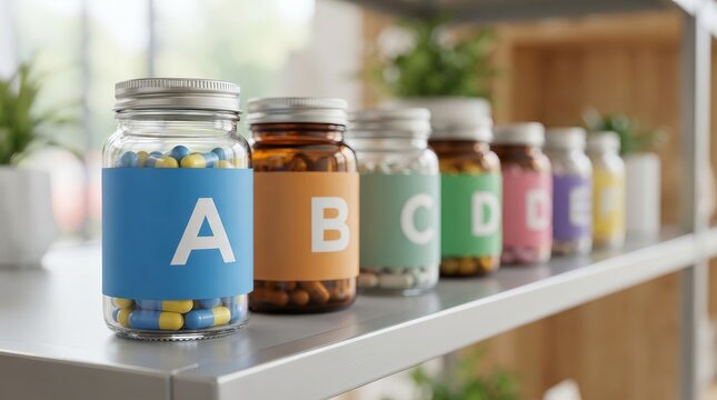 Healthcare supplement bottles labeled with various vitamin letters in an organized arrangement.