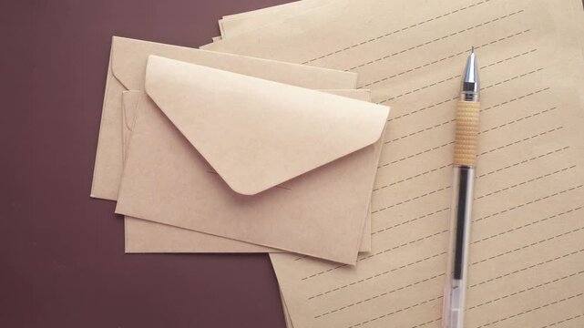Stacking craft envelopes on brown lined paper with black ink pen and smooth hand motion