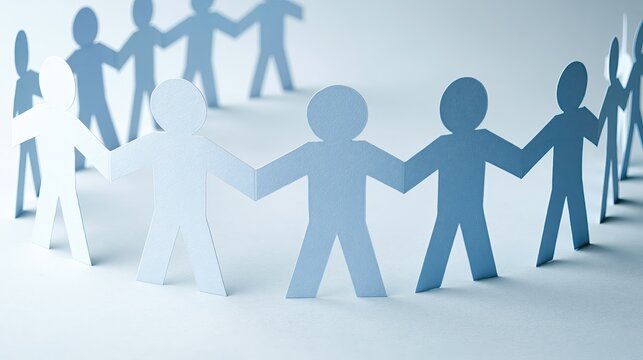 Blue paper cutout people holding hands teamwork unity community white background business connection silhouette