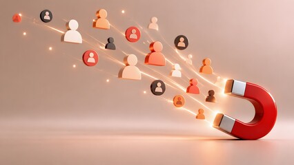 Fototapeta na wymiar Red horseshoe magnet pulling diverse 3D human figures illustrating targeted customer acquisition successful marketing strategy and corporate lead generation