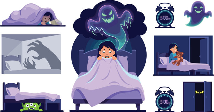 PrintChildhood Night Terrors and Fear of Dark Vector Icon Set with Nightmares Ghost Shadow Monster Under Bed and Sleep Insomnia Concepts