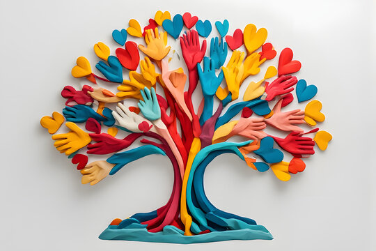 Artistic Clay Tree of Life Made from Multicolored Hands and Hearts Representing Love and Peace