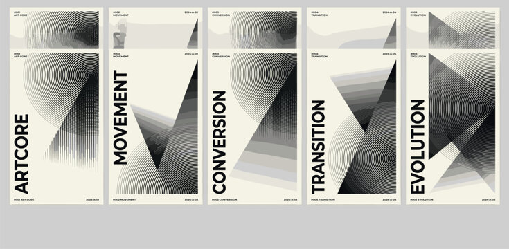 Monochrome technical line grid poster set with kinetic halftone distortion patterns, Minimalist geometric visual transformation and abstract structural evolution artwork with transition effect
